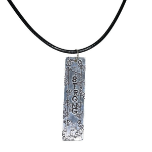 Handmade stamped strong‎ floral silver rectangle pendant black leather necklace